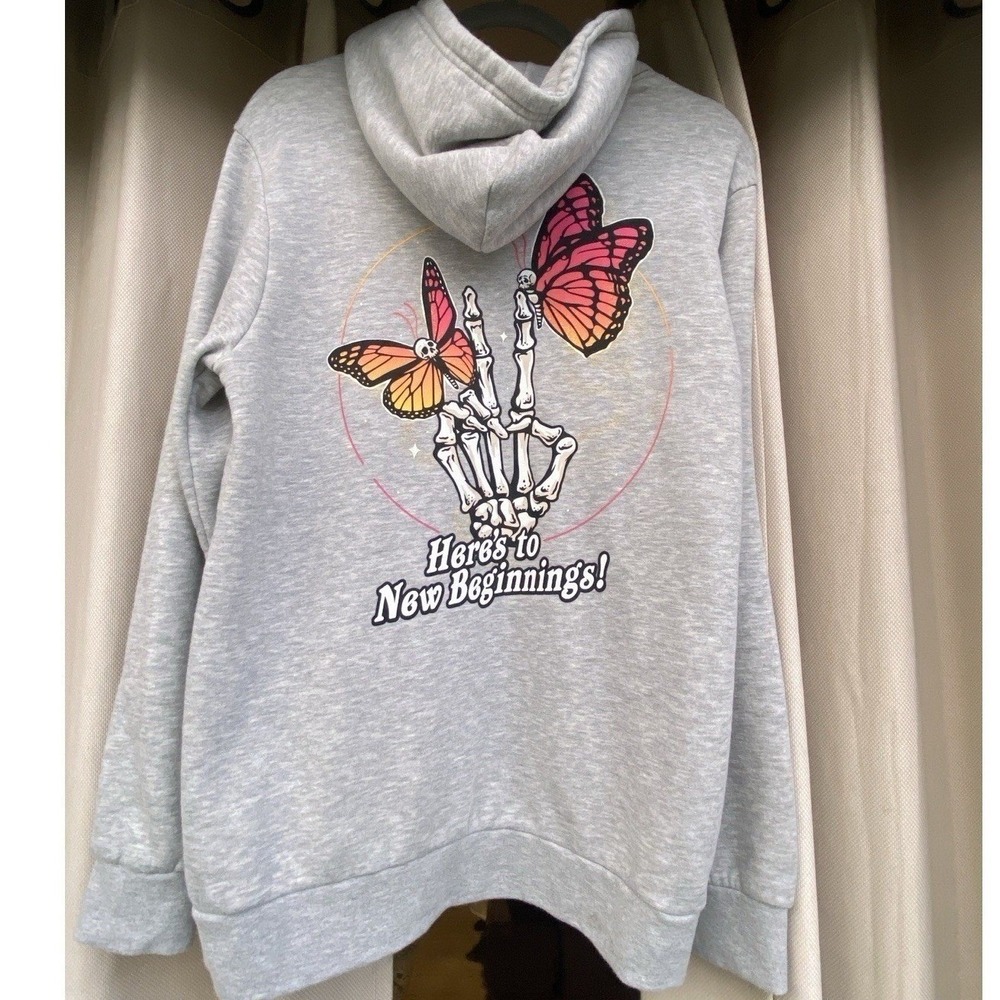 Retrofit Brand Grey‎ Hoodie Skeleton Peace Sign & Butterflies Adult Medium